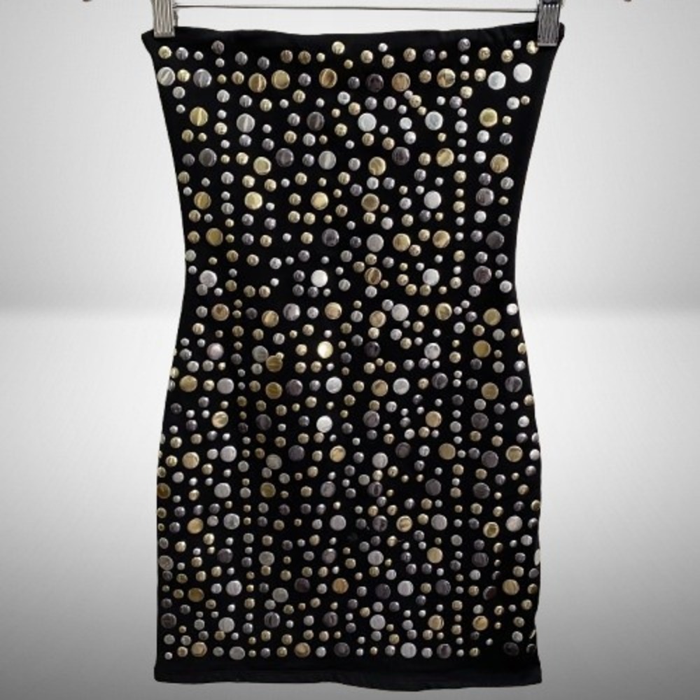 NEW Sky Black Studded Strapless Bodycon Tube Mini Dress Gold Silver Black Small
